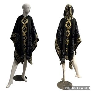 Unisex Andean Aztec Alpaca Blend Hooded Charcoal Multi Fringed Poncho Size OS